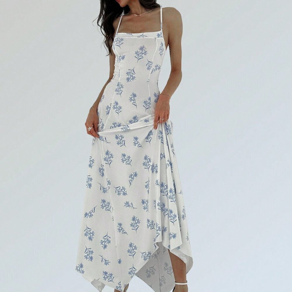 Multicolor Boho Women's Asymmetrical Hem Printed Spaghetti-Strap Dress - Picture 5 of 6